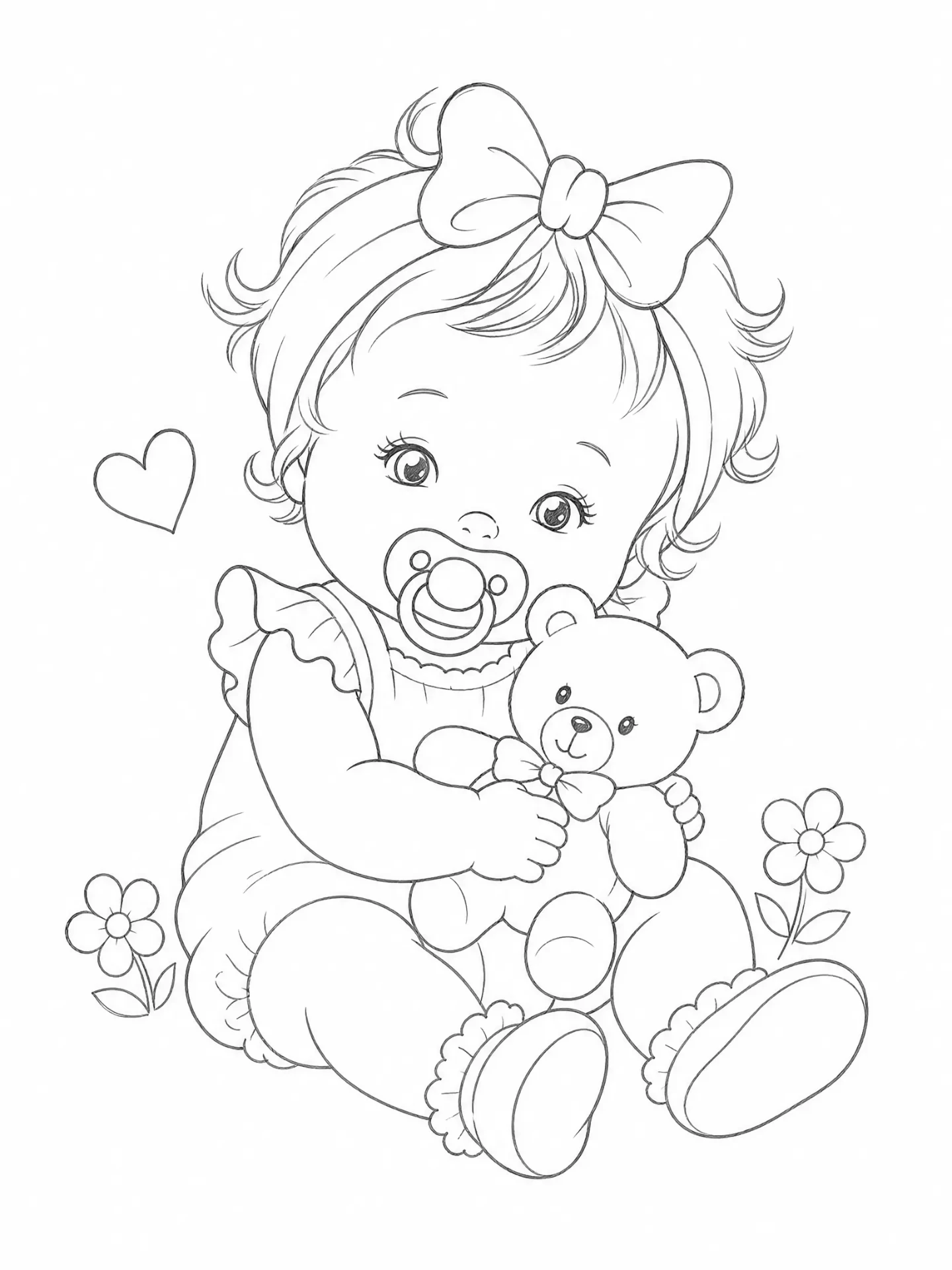 Risco de bebê com chupeta e ursinho — modelo para pintura em fralda