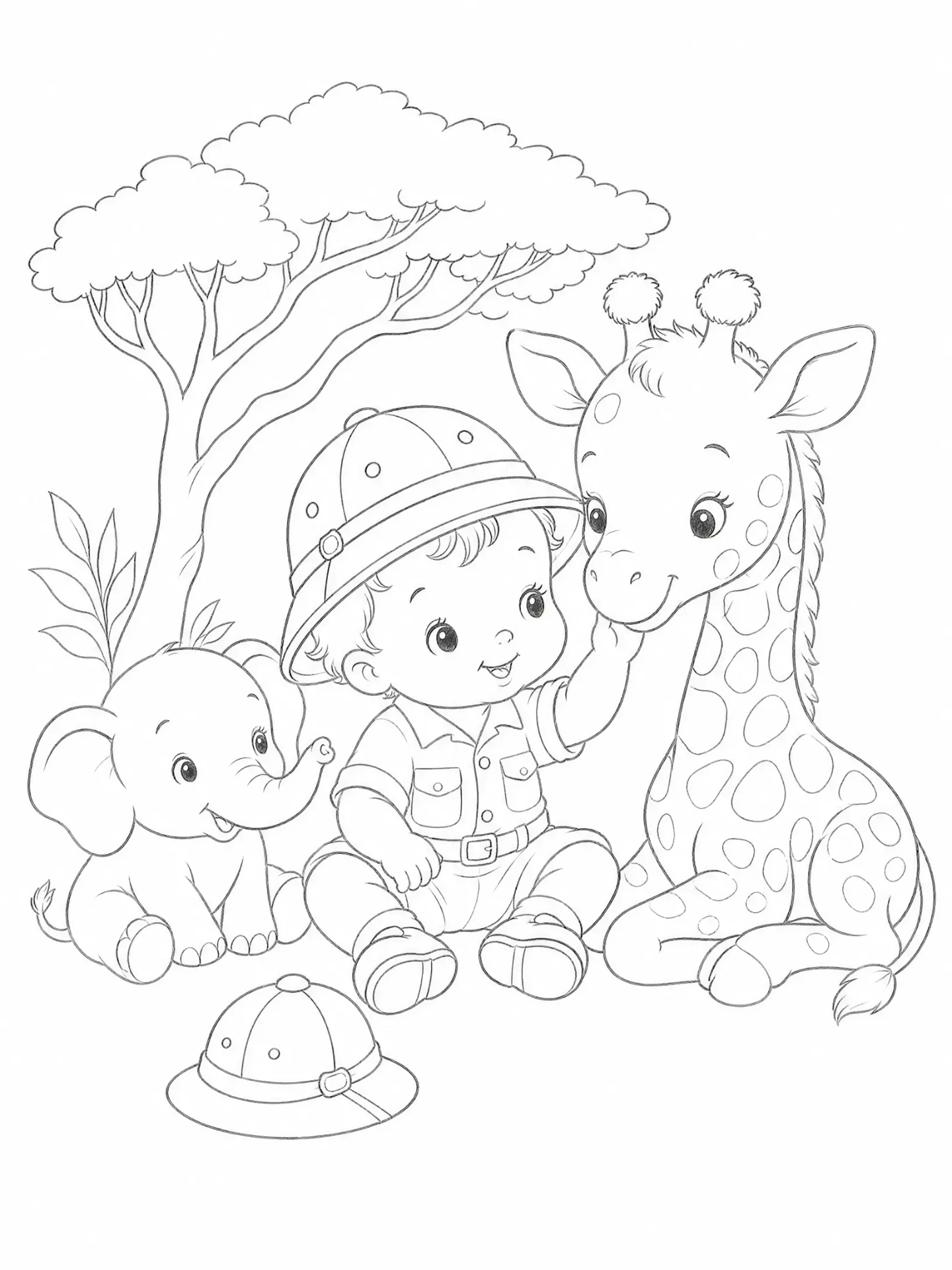 Risco de bebê safári com girafa e elefante — modelo para pintura em fralda